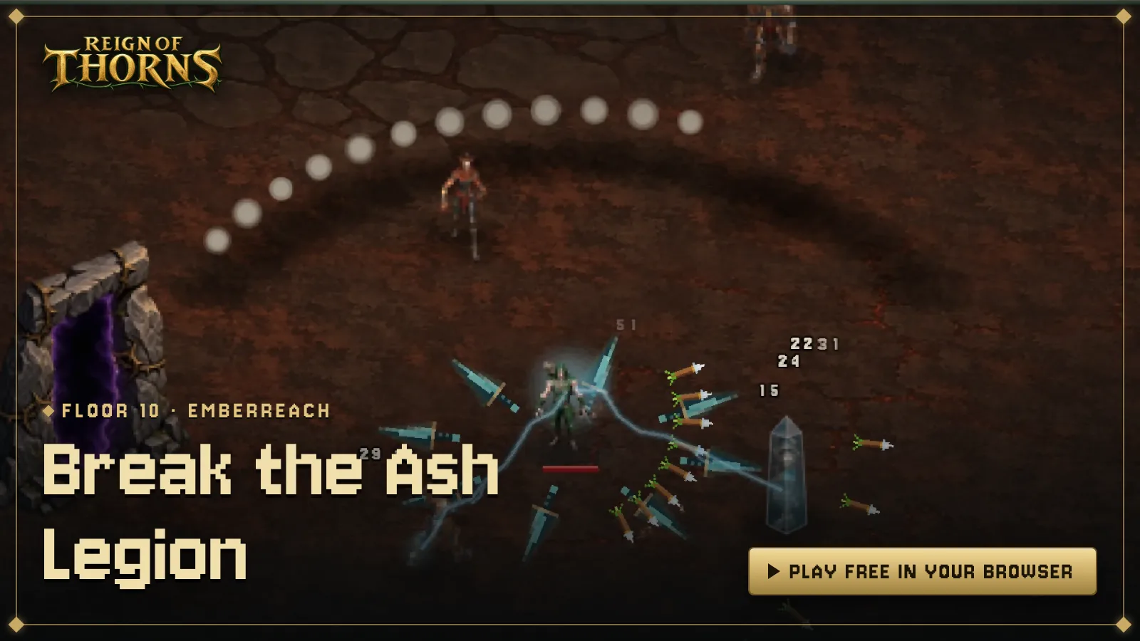 Break the Ash Legion — Wren holding Emberreach against the Ash Legion with Shadow Daggers, Storm Surge and a volley of arrows