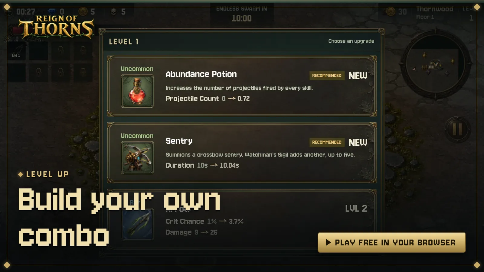 Build your own combo — The level-up screen offering a potion, a new skill and a skill upgrade