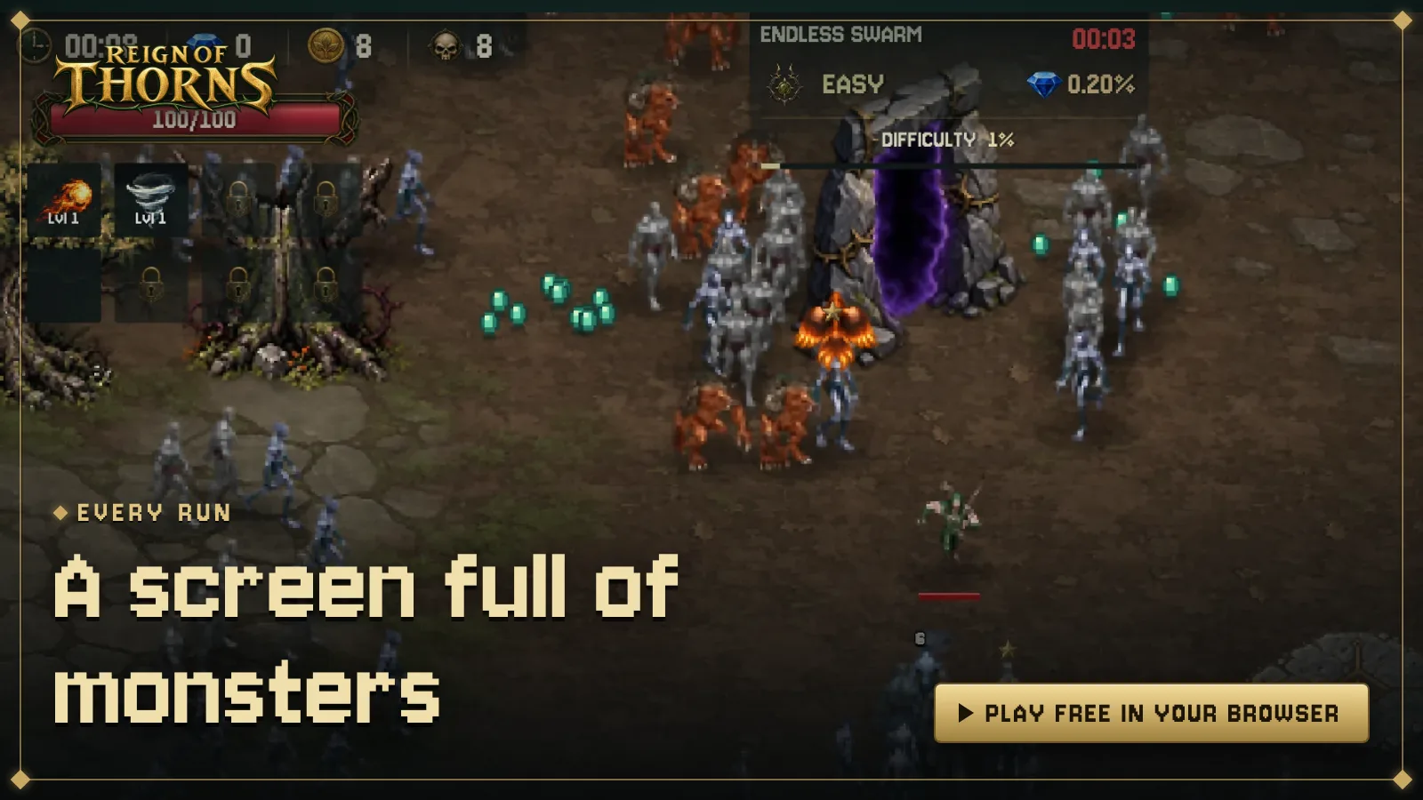 A screen full of monsters — The Endless Swarm closing in while a Phoenix burns through the horde