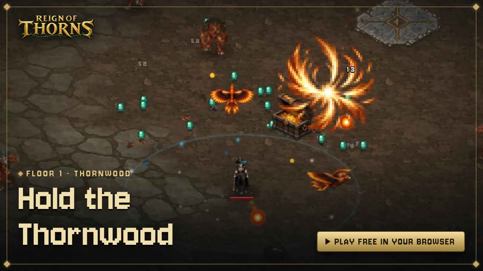 Hold the Thornwood — Ember holding back the Rootbound in the Thornwood with Frost Nova, a Phoenix and fireballs