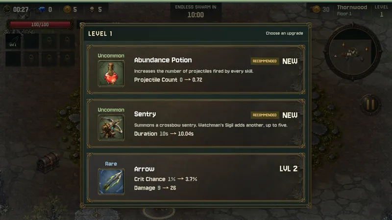 The level-up screen offering a potion, a new skill and a skill upgrade
