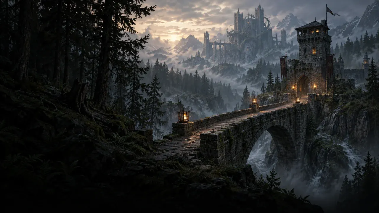 A stone bridge leading through a dark forest to a keep