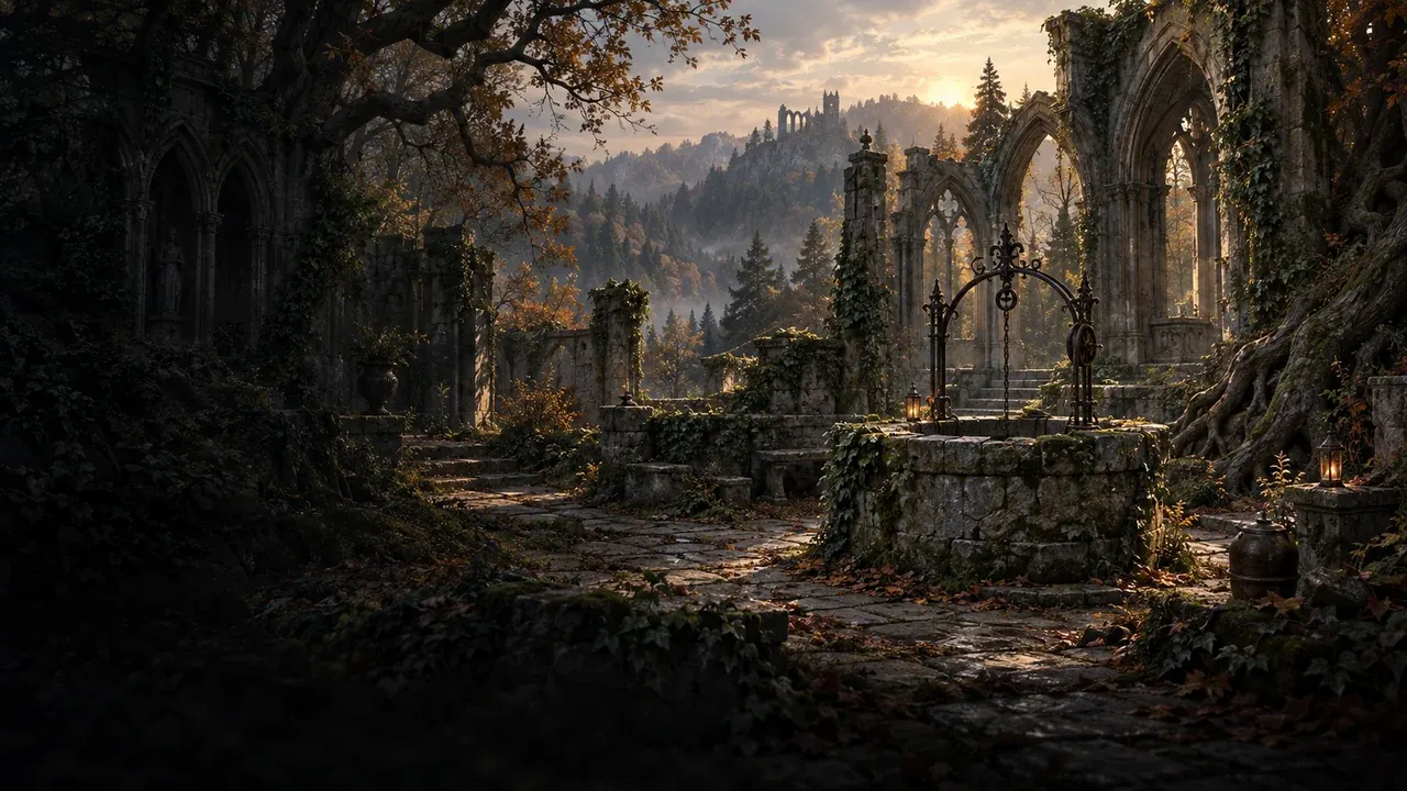 A ruined cloister with a well, lit by the setting sun