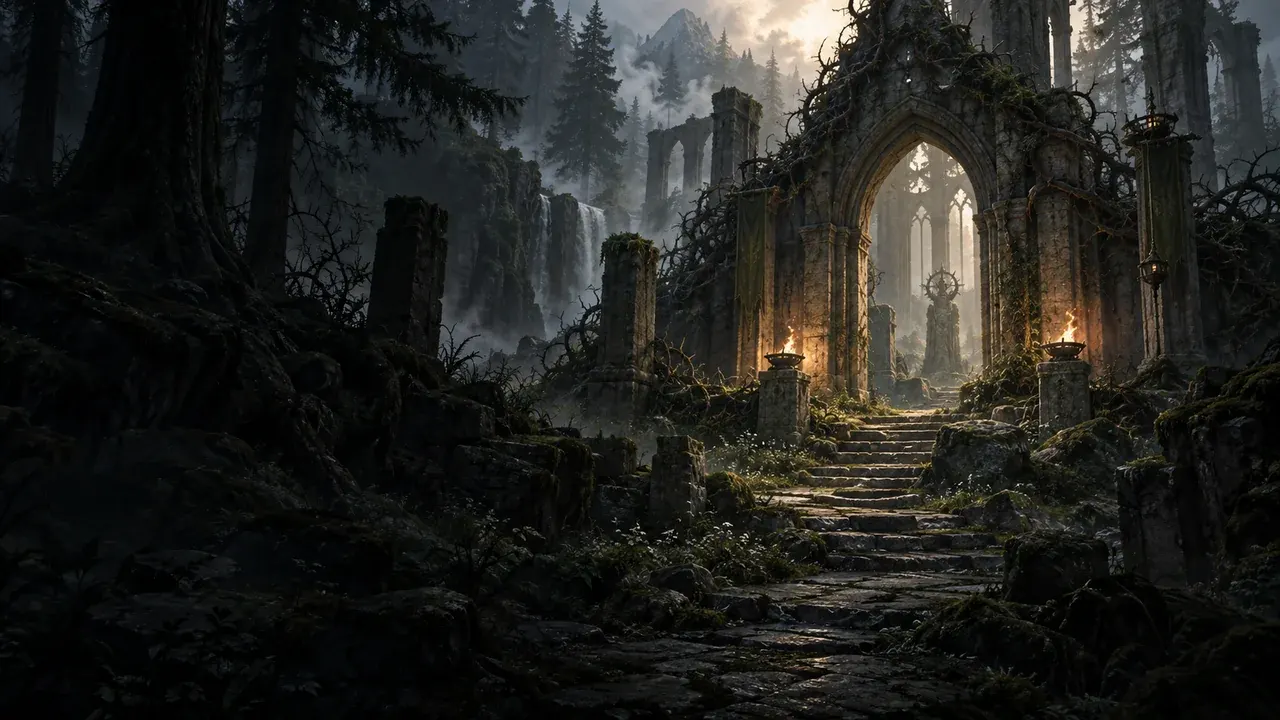 A gothic sanctuary gate glowing with firelight